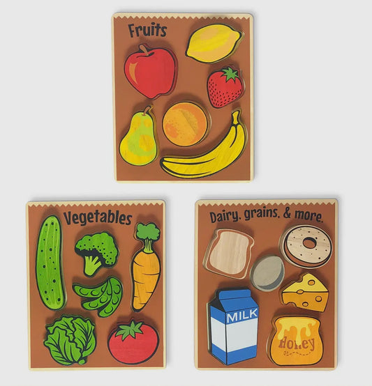 Grocery Puzzles Chunky Wood Puzzle Food Theme  3 pack of puzzles  Larger Mini Objects for Speech Therapy