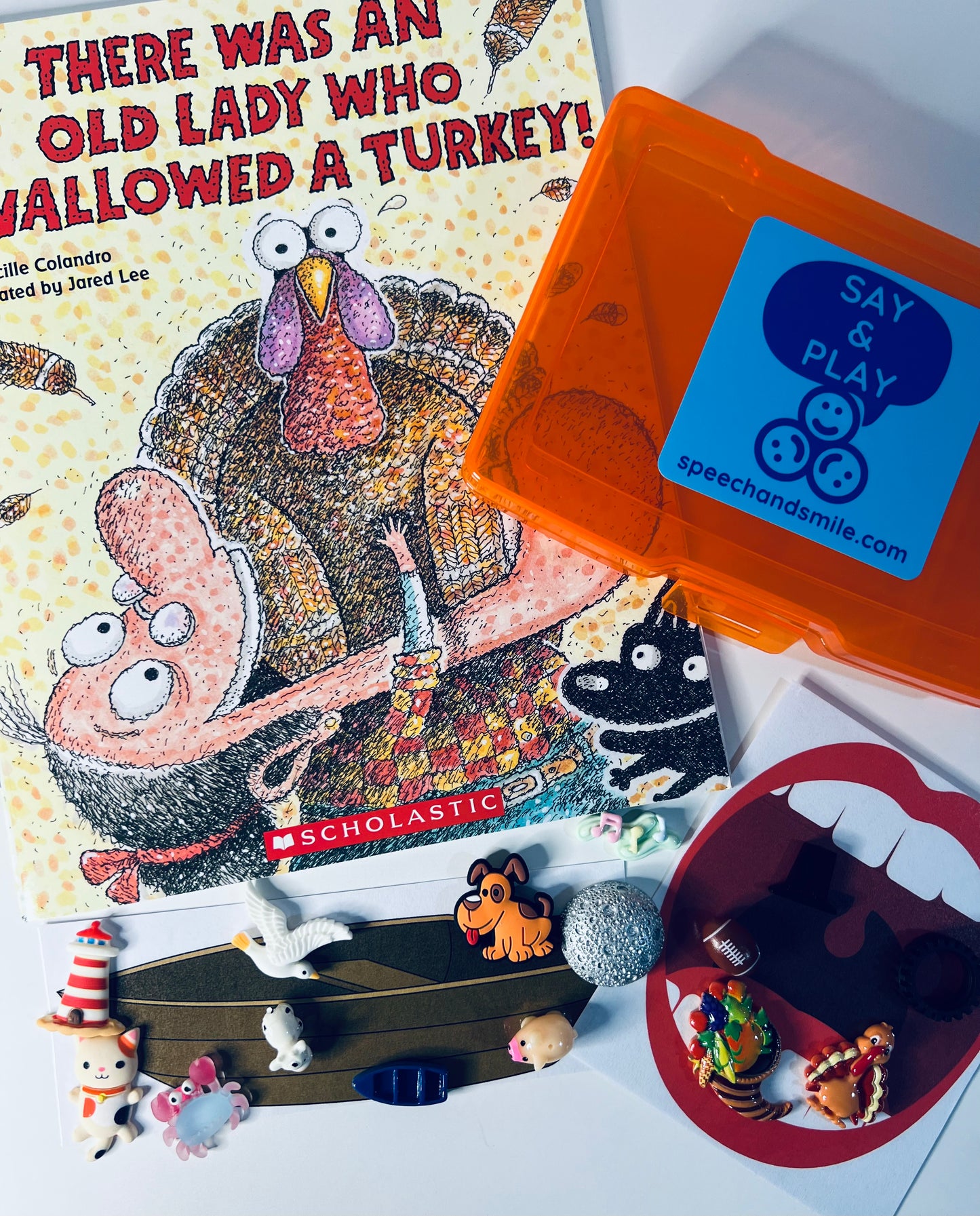 Say and Play Story Kit There Was an Old Lady Who Swallowed a Turkey Thanksgiving Mini objects Speech Therapy trinkets