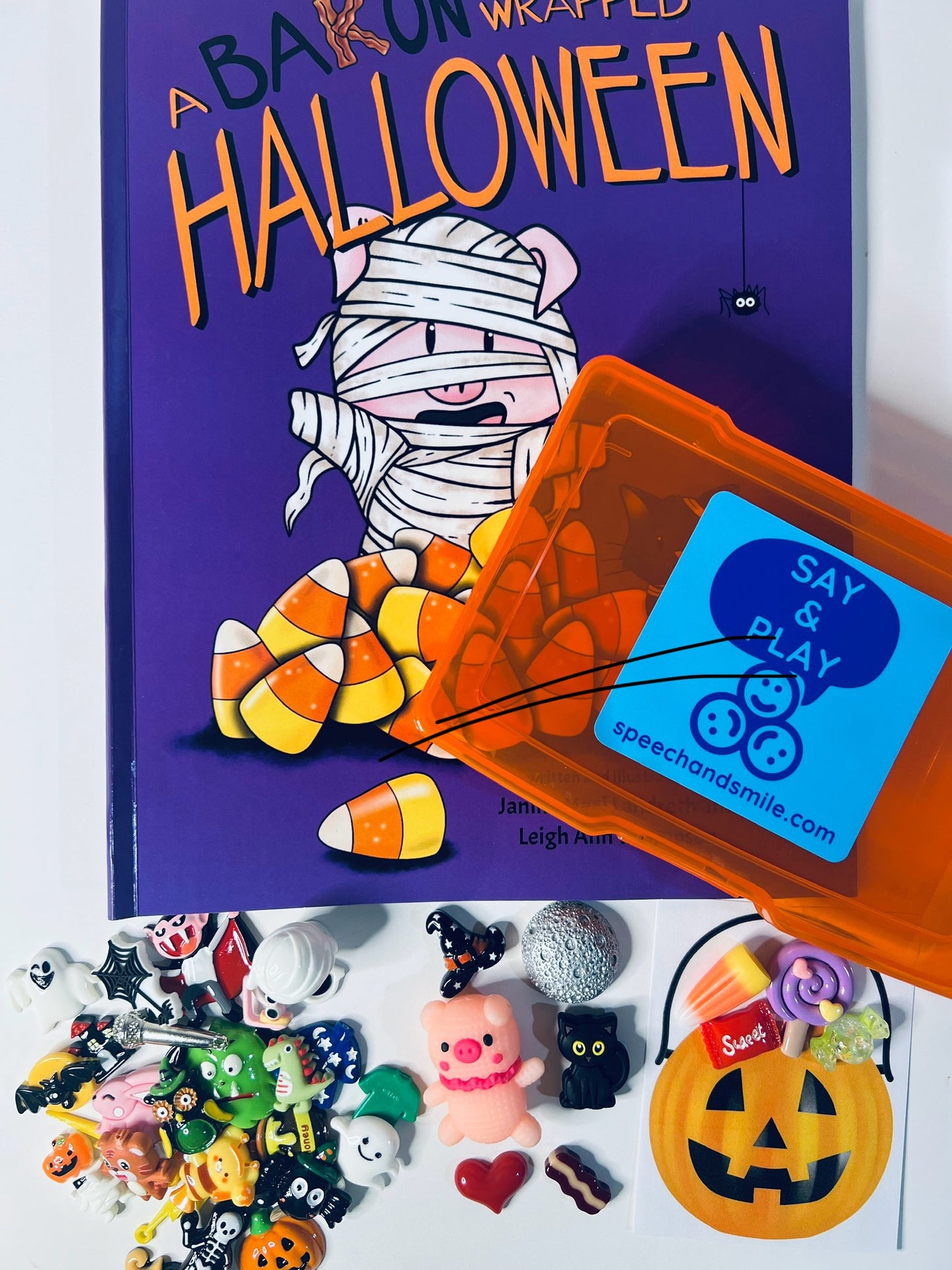 Say and Play Halloween Story Kit with Mini Objects and Book Bakon Wrapped Halloween Speech Therapy Mini Objects Trinkets Fun Spooky Story Book