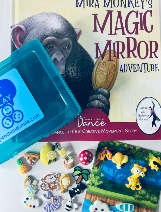 Kit de cuentos para Mira Monkey's Magic Mirror Libro de aventuras para el movimiento Terapia del habla Mini objetos Libro Objetos