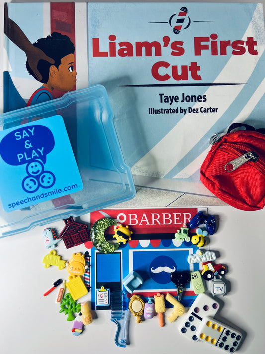 Kit d'histoire pour les mini-objets de première coupe de Liam pour l'orthophonie, premier livre de coupe de cheveux pour les accessoires d'histoire d'orthophonie