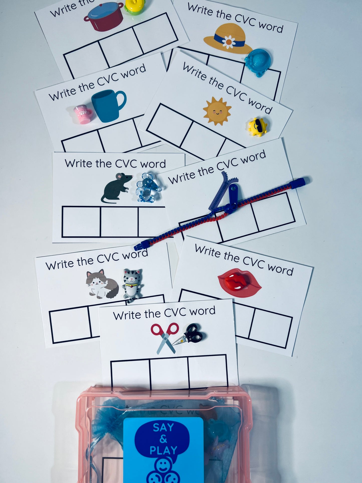 Say and Play CVC Language Task Box SPELLING kit Mini Objects Speech Therapy CVC  Objects Montessori Language Objects