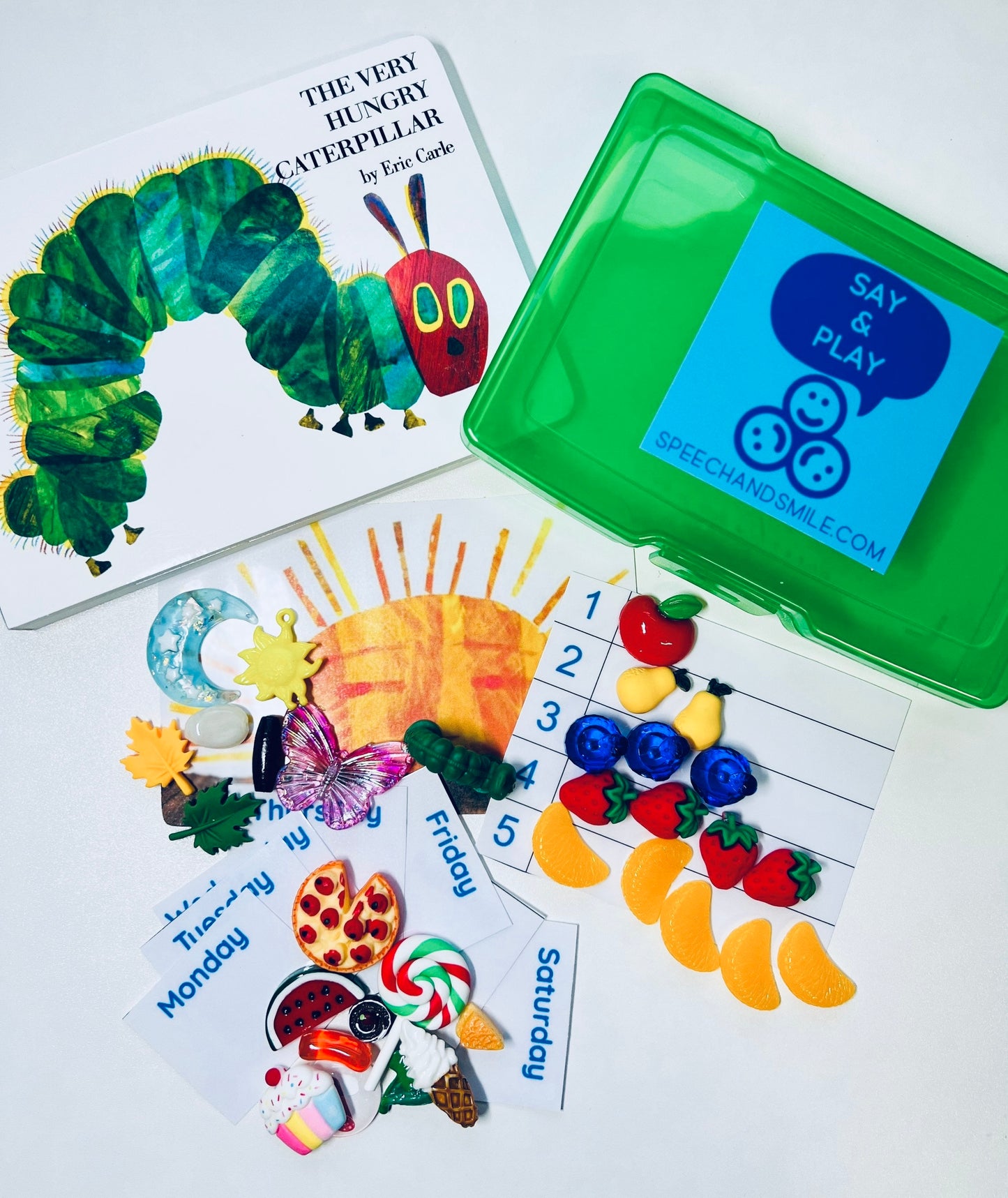 Say and Play Very Hungry Caterpillar Book and Story Objects Kit Speech Therapy Mini Objects Book Gift for Kids