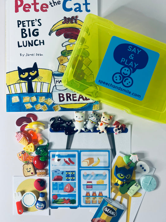 Story Kit Pete the Cat STORY OBJECTS Speech Therapy Mini Objects Pete the Cats Big Lunch Book  Food Theme Trinkets