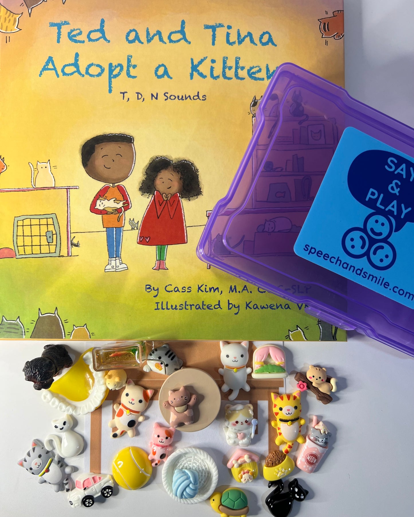 Story Kit Speech Therapy Early Sounds  Mini Objects for Speech Therapy Ted and Tina Adopt a Kitten Articulation Miniature Objects