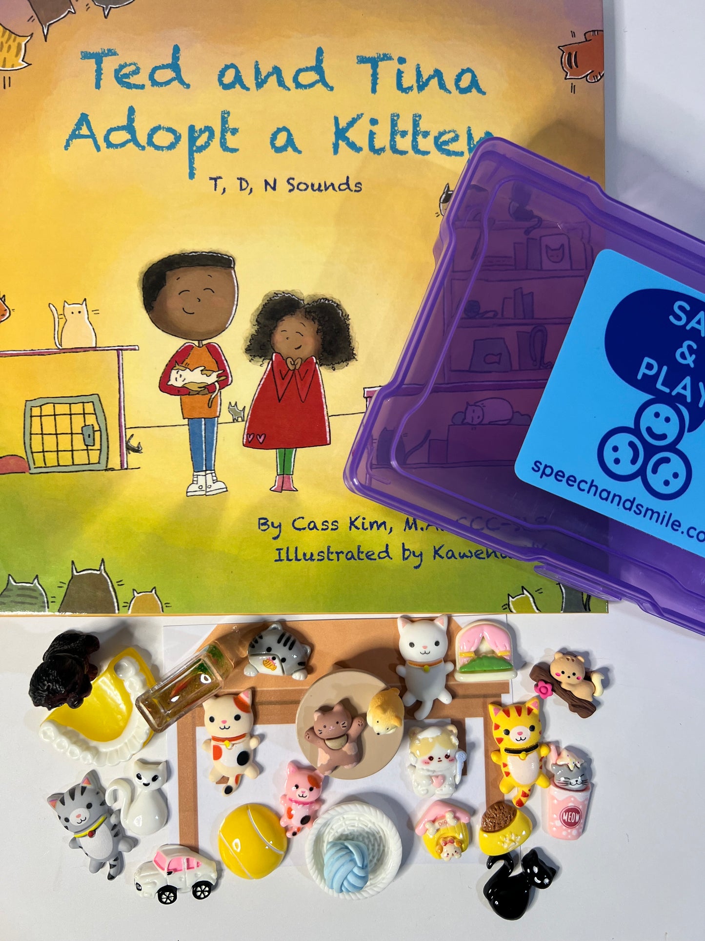 Story Kit Speech Therapy Early Sounds  Mini Objects for Speech Therapy Ted and Tina Adopt a Kitten Articulation Miniature Objects