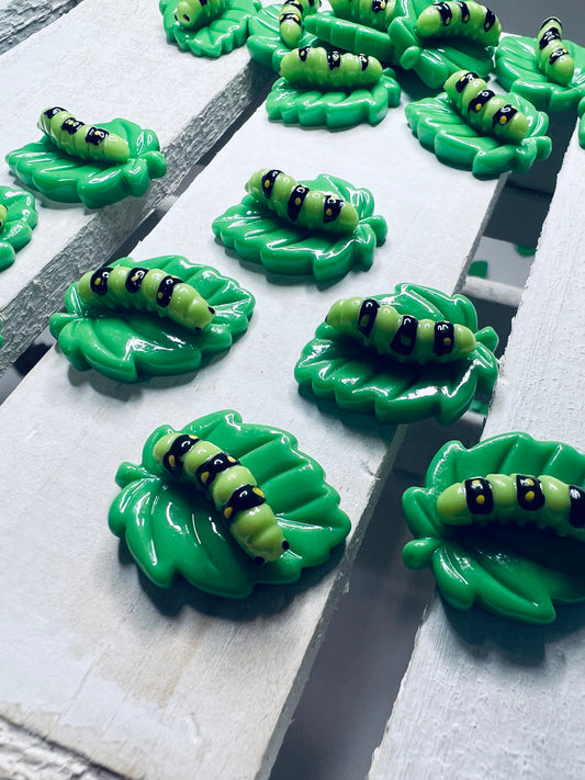 Miniature Catetpillar on a Leaf Trinkets Summer Mini Objects Speech Therapy Montessori Sound Objects