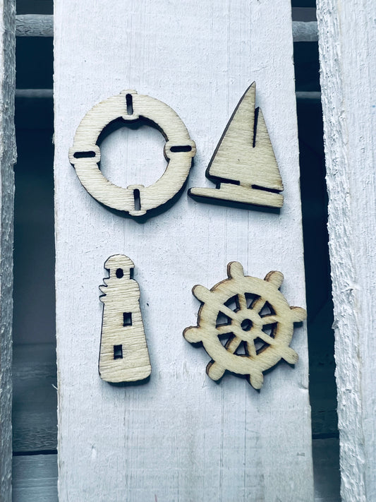 Wood Cutout NAUTICAL Mini Objects INCLUDES 4 Objects Speech Therapy Miniature Ocean Trinkets Doodads Wood Cut for Crafts
