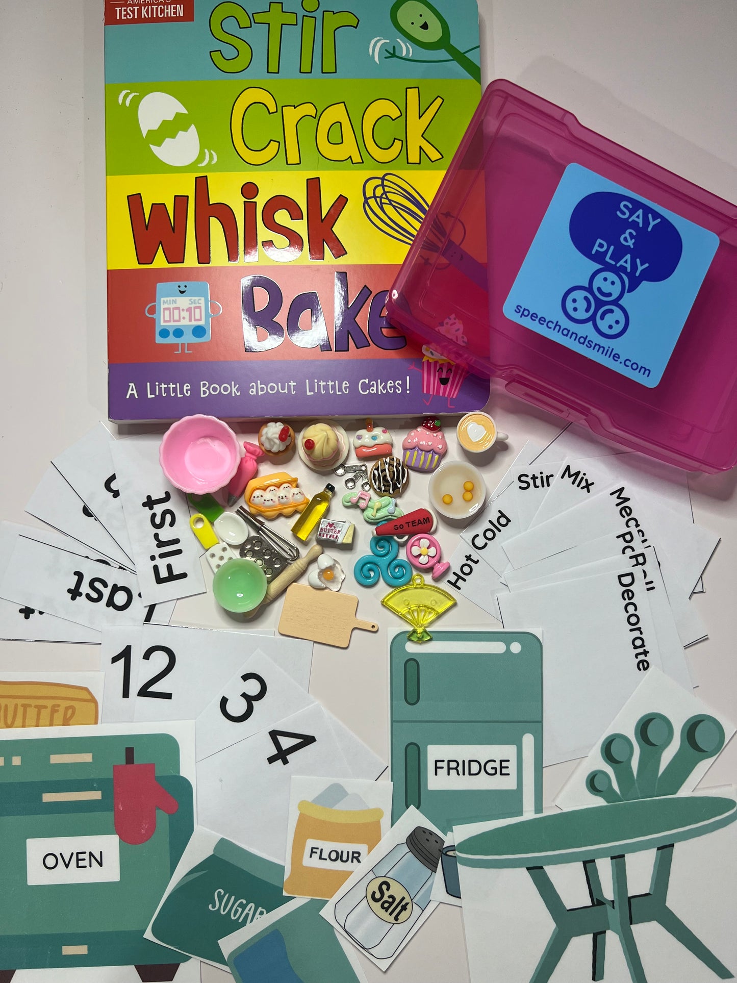 Story Kit for Stir Crack Whisk Bake - Miniature Baking Trinkets - Mini Objects for Speech Therapy - Mini Story Kit with Trinkets Sequence