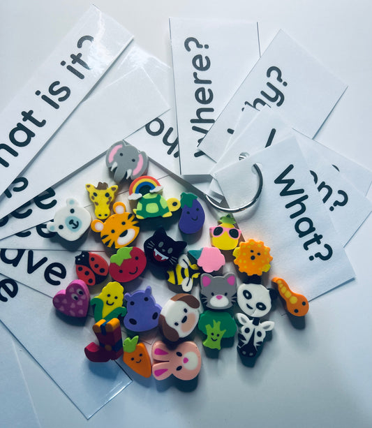 Mini Erasers with Question cards and Sentence starters Mini Objects Speech Therapy Language Task Bag  Doodads I Spy Trinkets Speech Activity