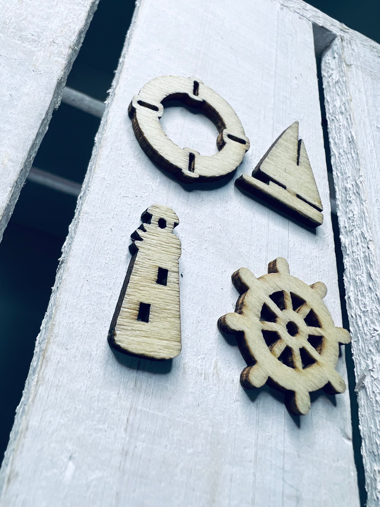 Wood Cutout NAUTICAL Mini Objects INCLUDES 4 Objects Speech Therapy Miniature Ocean Trinkets Doodads Wood Cut for Crafts
