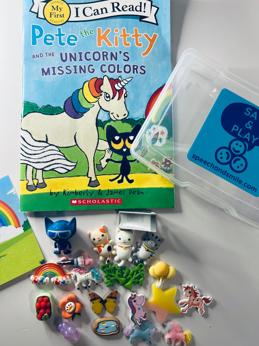Kit de Cuentos Pete el Gato los Unicornios Colores Perdidos Mini Objetos Logopedia