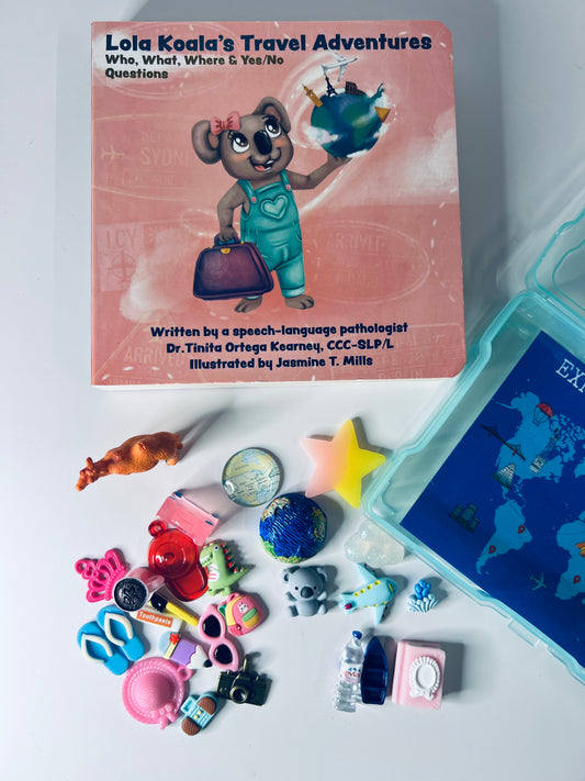 Lola Koalas Travel Adventures Book and Story Kit Livre de questions Objets d'histoire Mini-objets d'orthophonie