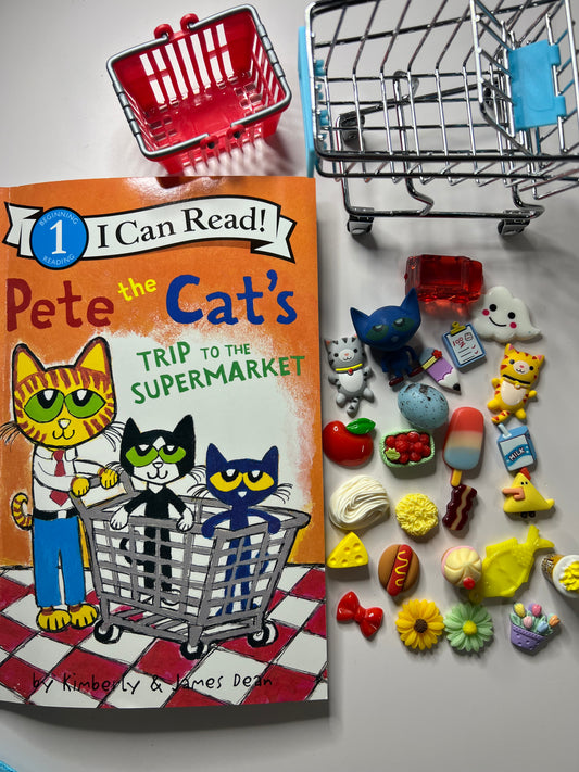 Kit de cuentos Pete el gato Supermercado OBJETOS DE HISTORIA Terapia del habla Mini objetos Tienda de comestibles Baratijas