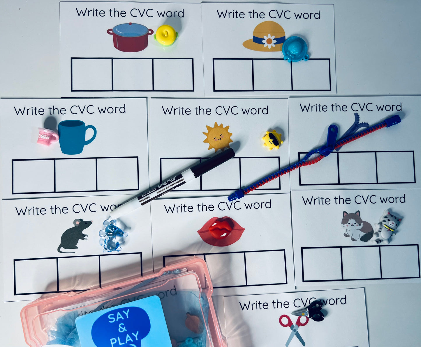 Say and Play CVC Language Task Box SPELLING kit Mini Objects Speech Therapy CVC  Objects Montessori Language Objects