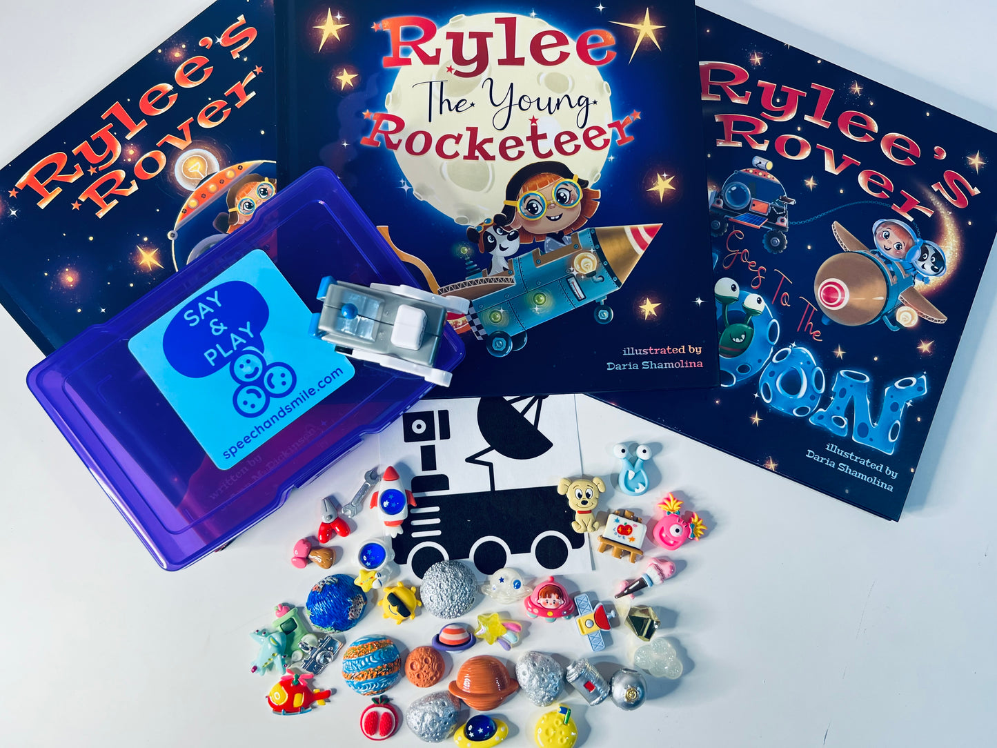 Say and Play Space Story Kit for 3 Space BOOKS Rylee Rocketeer Space Story Mini Objects for Speech Therapy and More Space Trinkets