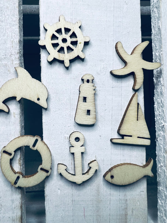 Wood Cut NAUTICAL Mini Objects INCLUDES 8 Objects Speech Therapy Miniature Ocean Trinkets Doodads Wood Cut for Crafts