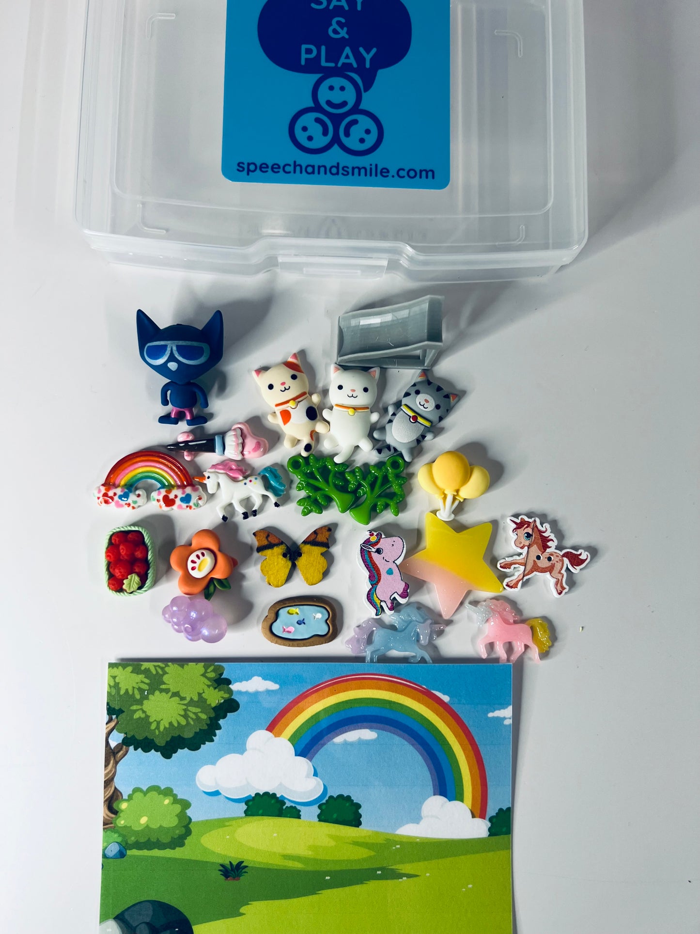 Kit de Cuentos Pete el Gato los Unicornios Colores Perdidos Mini Objetos Logopedia