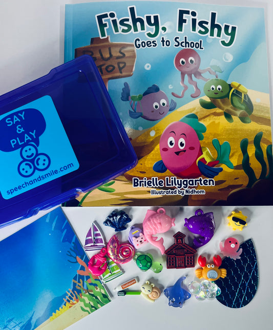 Kit d'histoire Mini objets pour Fishy Fishy va à l'école livre de comptines préscolaire livre océan pour les enfants
