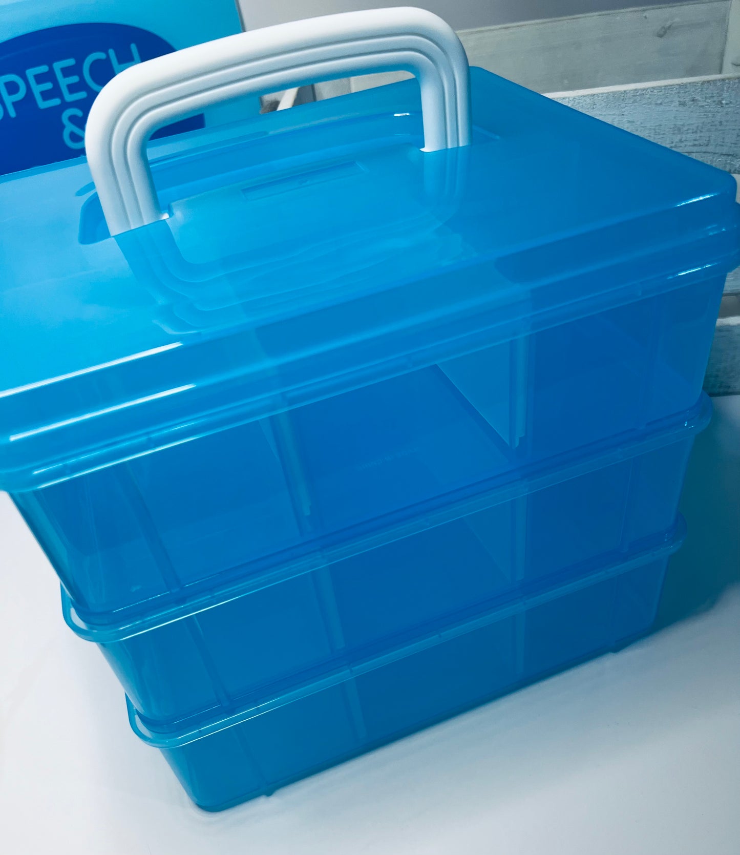 Just the Box- Mini Objects Storage Blue Three Tier Organizer for Mini Objects Storage Set for Trinkets label Organizer