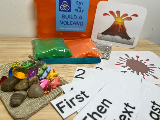 VOLCANO Play Sequence Kit-Volcano Play dough Cup-Speech Therapy Language Kit-Speech Therapy Mini Objects-Speech Task Box