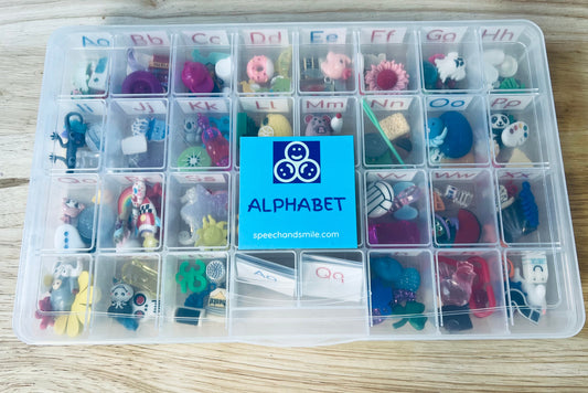 ALPHABET TRINKETS in Storage-ALL Sounds With Alphabet Book-Montessori Sound Objects-Phonics Objects-Speech Therapy Mini Objects-Doodads-