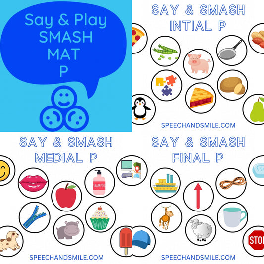 P Sound Smash Mat para jugar con masa-Materiales de terapia del habla imprimibles-Terapia del habla-Herramientas de terapia del habla y sonrisa-Actividad de la letra P