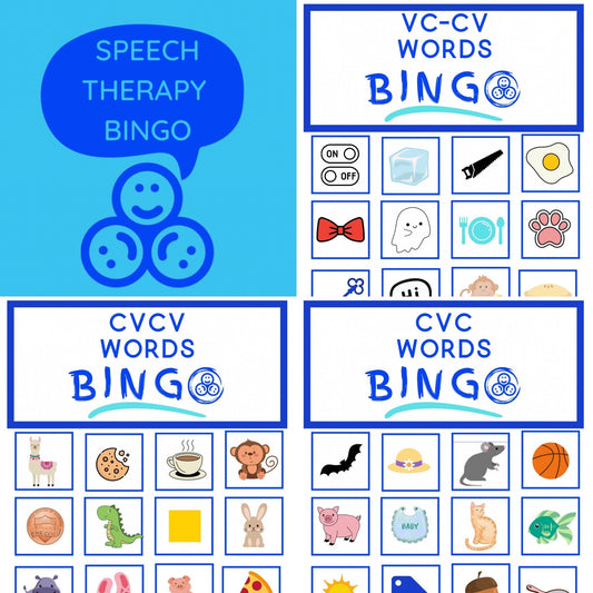 Tableros de bingo de Apraxia-Actividad de logopedia IMPRIMIBLE-VC-CV-CvCv-CvC palabras-Mini objetos de logopedia-Terapia del habla imprimible para Apraxia