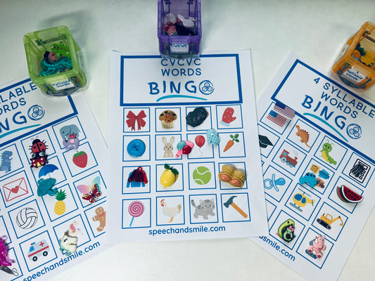 Apraxia Tableros de bingo de logopedia para CVCVC-Palabras multisílabas-Juego de miniobjetos de logopedia-Juego de combinación Logopedia-Apraxia