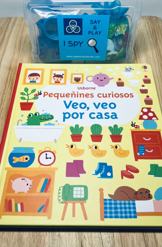 Spanish I Spy Story Kit & Objects- Story Props Speech Therapy-Very First Book of Things to Spot at Home Book-Speech and Smile-I spy Objects
