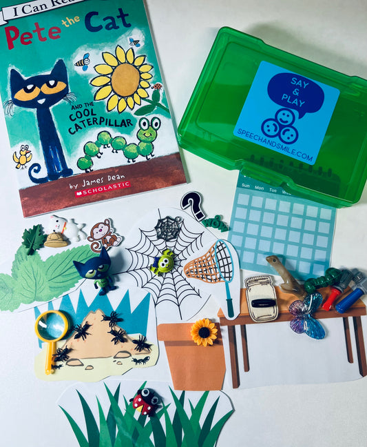 Kit de cuentos Pete el gato Oruga genial Libro Objetos Terapia del habla Mini objetos Kit de cuentos con mini objetos