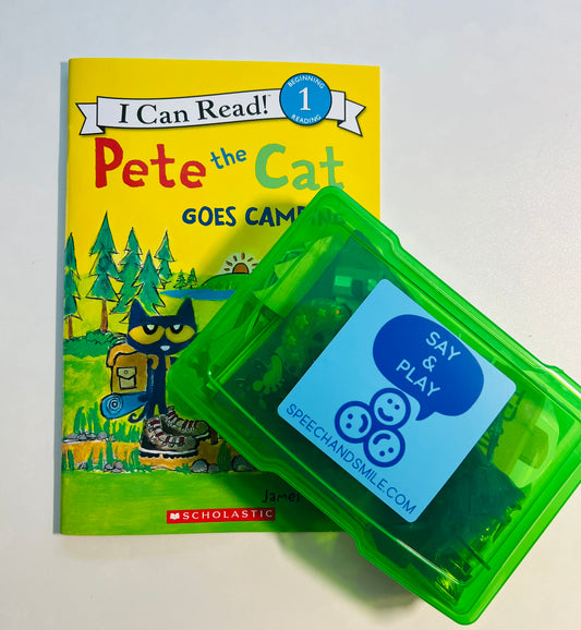 Kit de Cuentos Libro de Pete el Gato Objetos de HISTORIA Pete el Gato Va de Camping Libro Objetos Terapia del Habla Mini Objeto