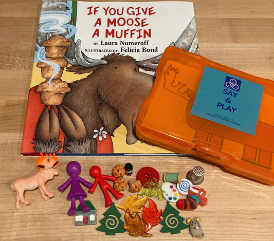 Kit de cuentos-Si le das a un alce un libro de muffins y objetos-Mini objetos de logopedia-Objetos de cuentos para libros-Di y juega