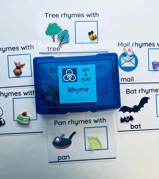 Boîte de tâches RHYME avec mini-objets-boîte d’activités d’orthophonie-concepts linguistiques boîte-mini-objets d’orthophonie