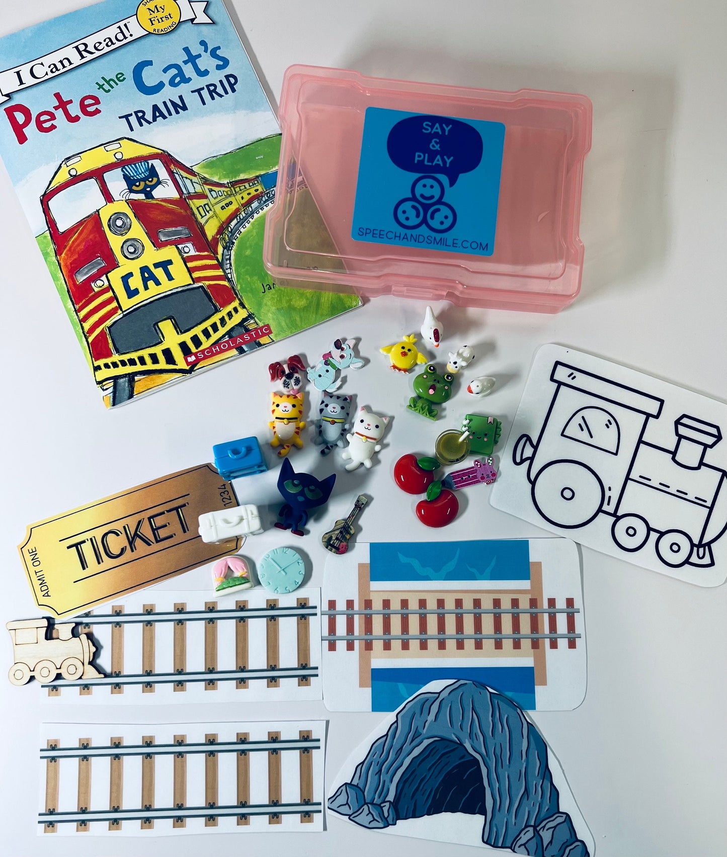 Pete the Cat Story Kit-Pete the Cat’s Train Trip-Speech Therapy Mini Objects-Story Trinkets for Pete the Cat Books