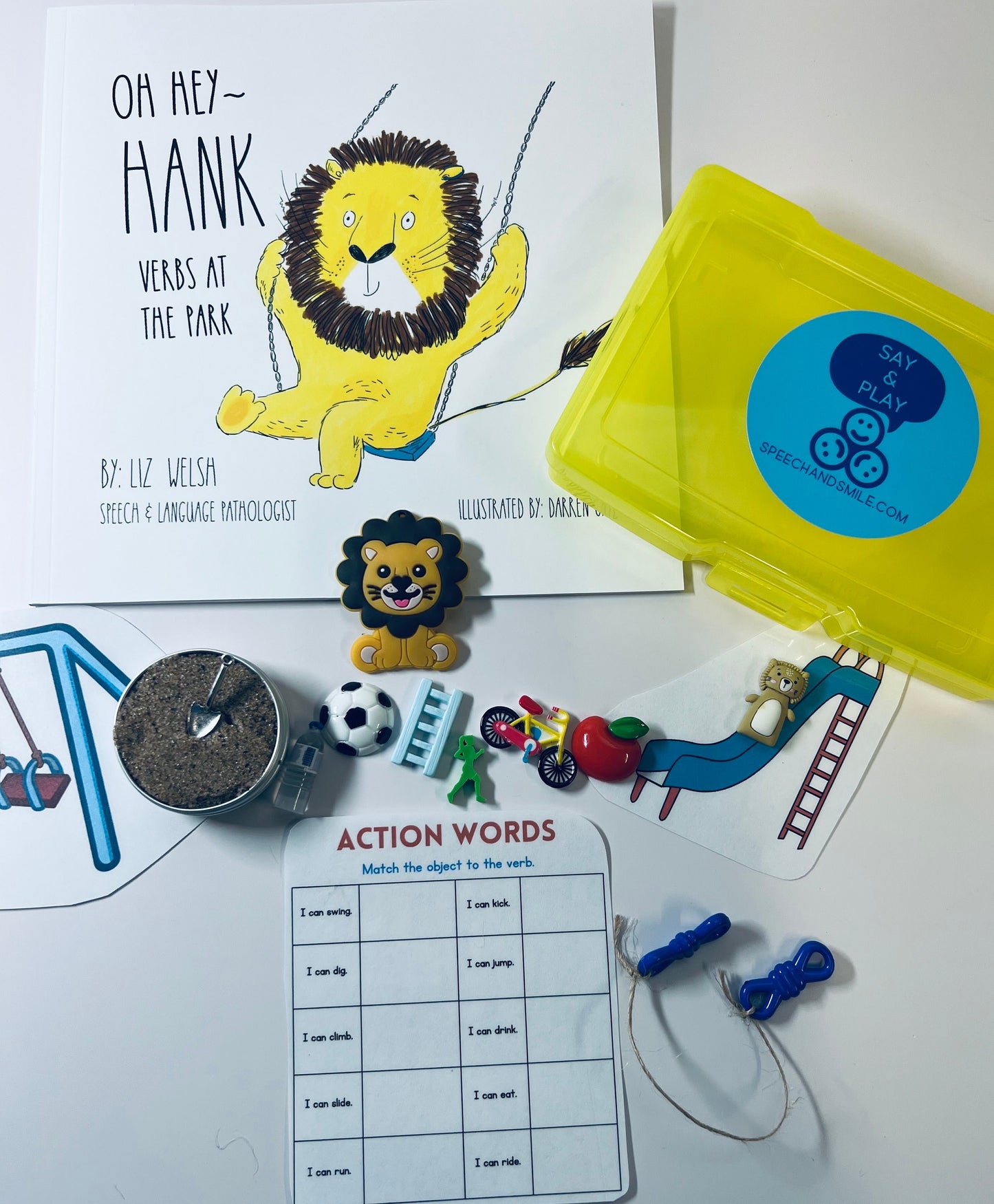 Kit de cuentos para Oh Hey Hank Verbos en el parque Terapia del habla Mini objetos Verbos Baratijas para verbos Libro preescolar con objetos