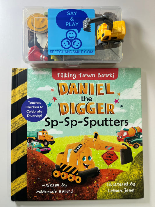 Construction Story Kit-Daniel the Digger Sputters-Stuttering Awareness Book-Story Objects-Story Kit-Speech Therapy Mini Objects