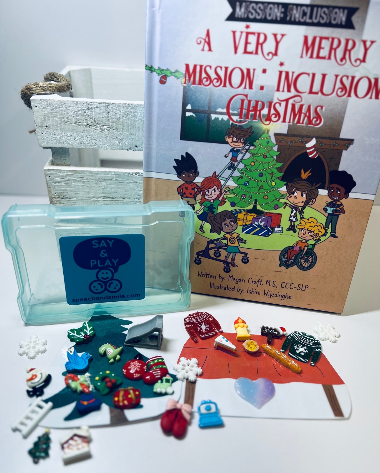 Kit d’histoire de Noël pour une très joyeuse mission Inclusion Livre de Noël-Bijoux-Livre inclusif-Orthophonie Mini Objets-Livre Cadeau