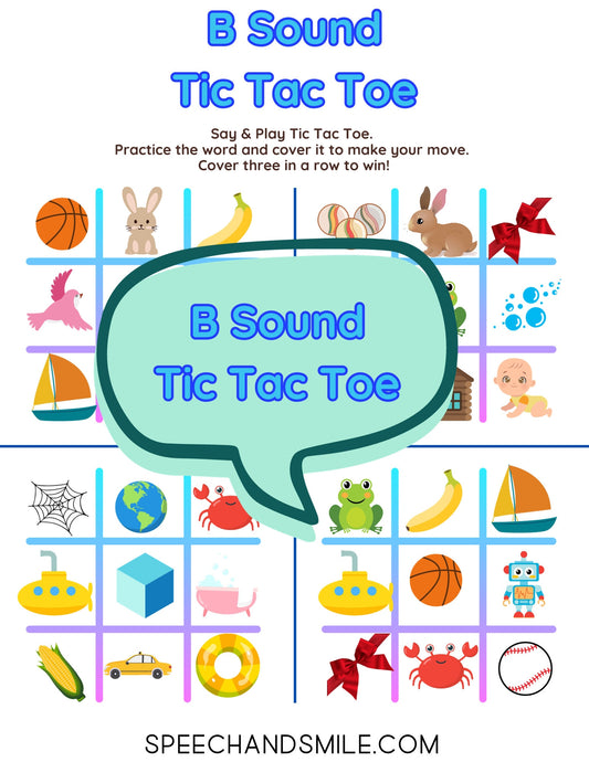 B Sound Tic Tac Toe Imprimer et jouer à un jeu d'activité sonore B imprimable avec des mini-objets d'orthophonie