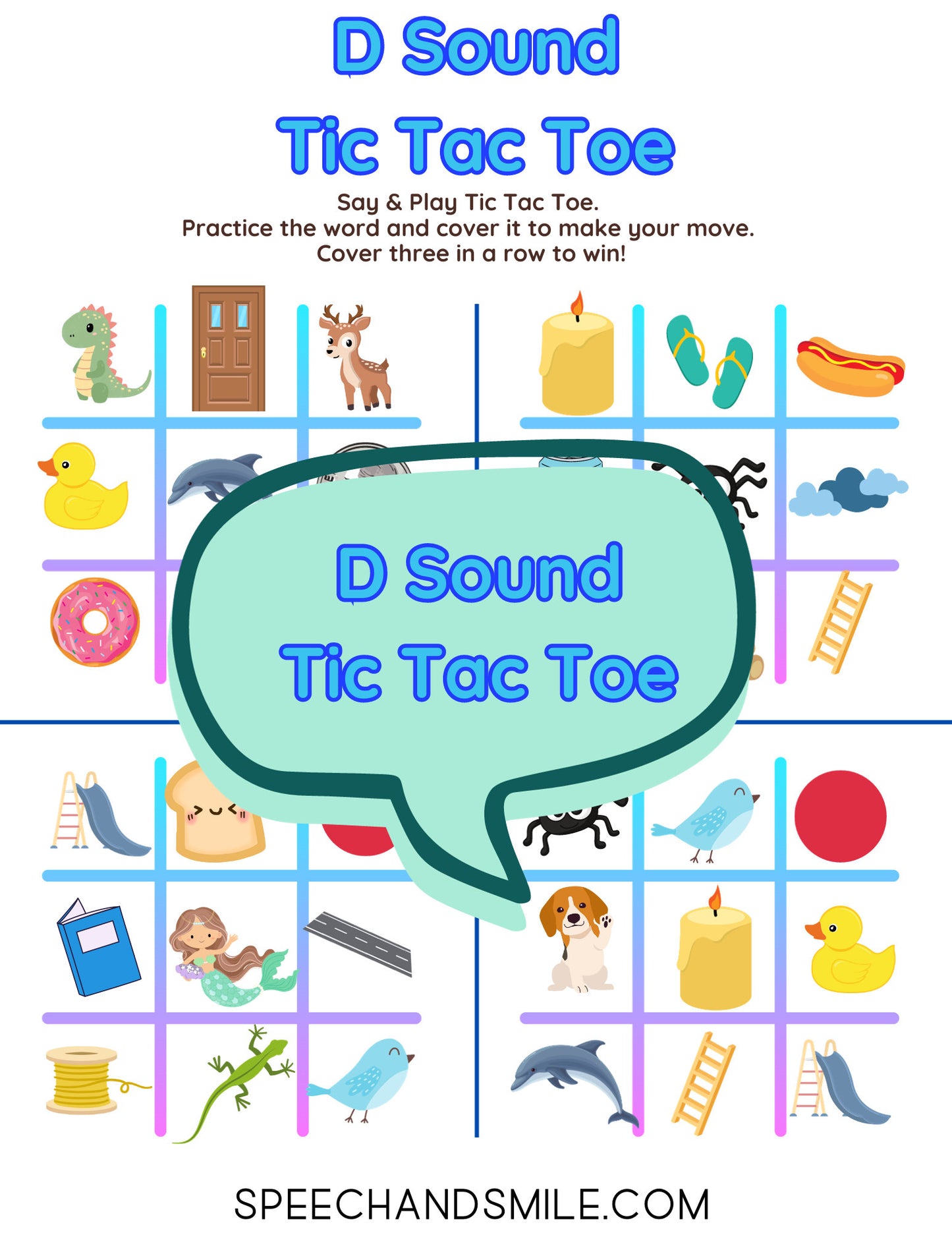 D Sound Tic-Tac-Toe PRINTABLE Speech Sounds Tic-Tac-Toe Print and Play with Speech Therapy Mini Objects