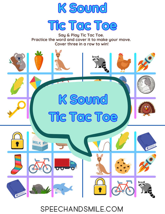 K Sonido Tic-Tac-Toe IMPRIMIBLE Sonidos del habla Tic-Tac-Toe Imprime y juega con miniobjetos de logopedia