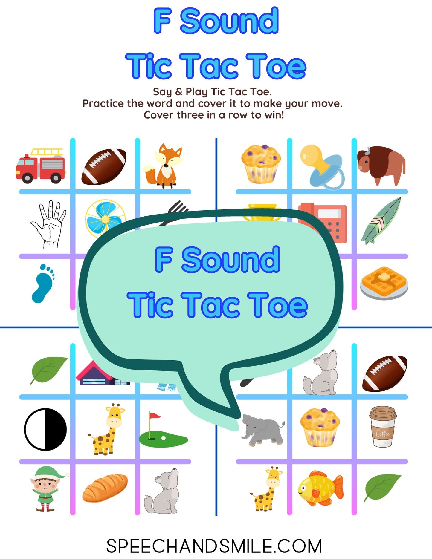 F Sound Tic-Tac-Toe PRINTABLE Speech Sounds Tic-Tac-Toe Print and Play with Speech Therapy Mini Objects