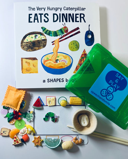 Hungry Caterpillar Dinner Book and Story Kit Objets-Livre Cadeau-Dire et jouer-Orthophonie Mini Objets-