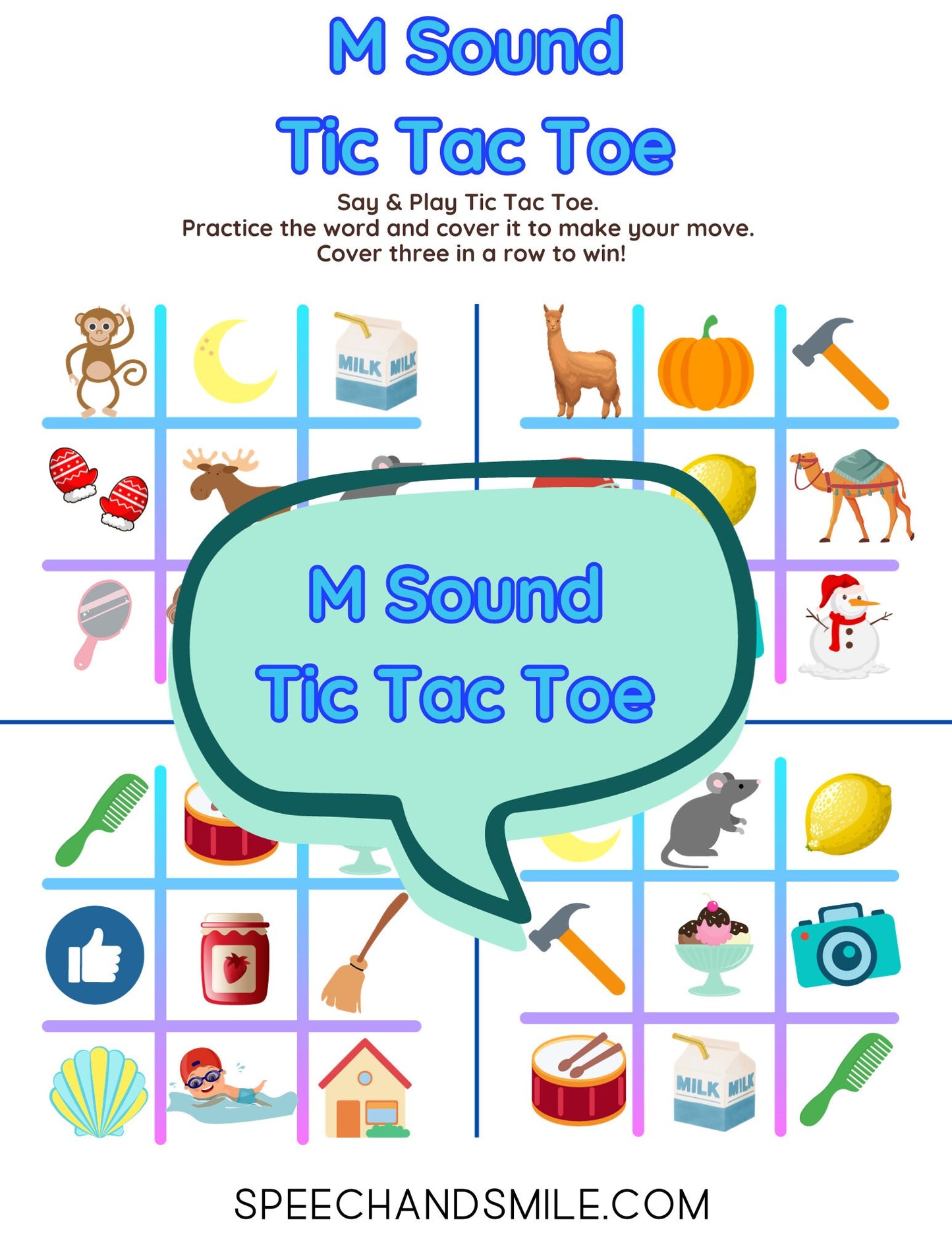 M Sound Tic-Tac-Toe-Print and Play-Printable M Sound Activity- Game with Speech Therapy Mini Objects