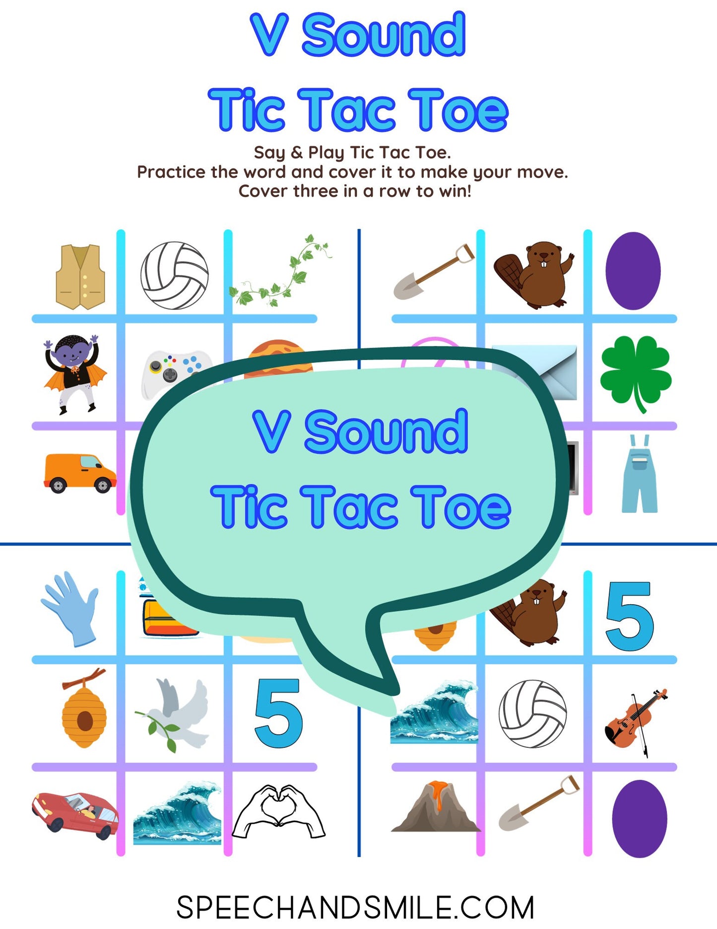 V Sound Tic-Tac-Toe PRINTABLE Speech Sounds Tic-Tac-Toe Print and Play with Speech Therapy Mini Objects