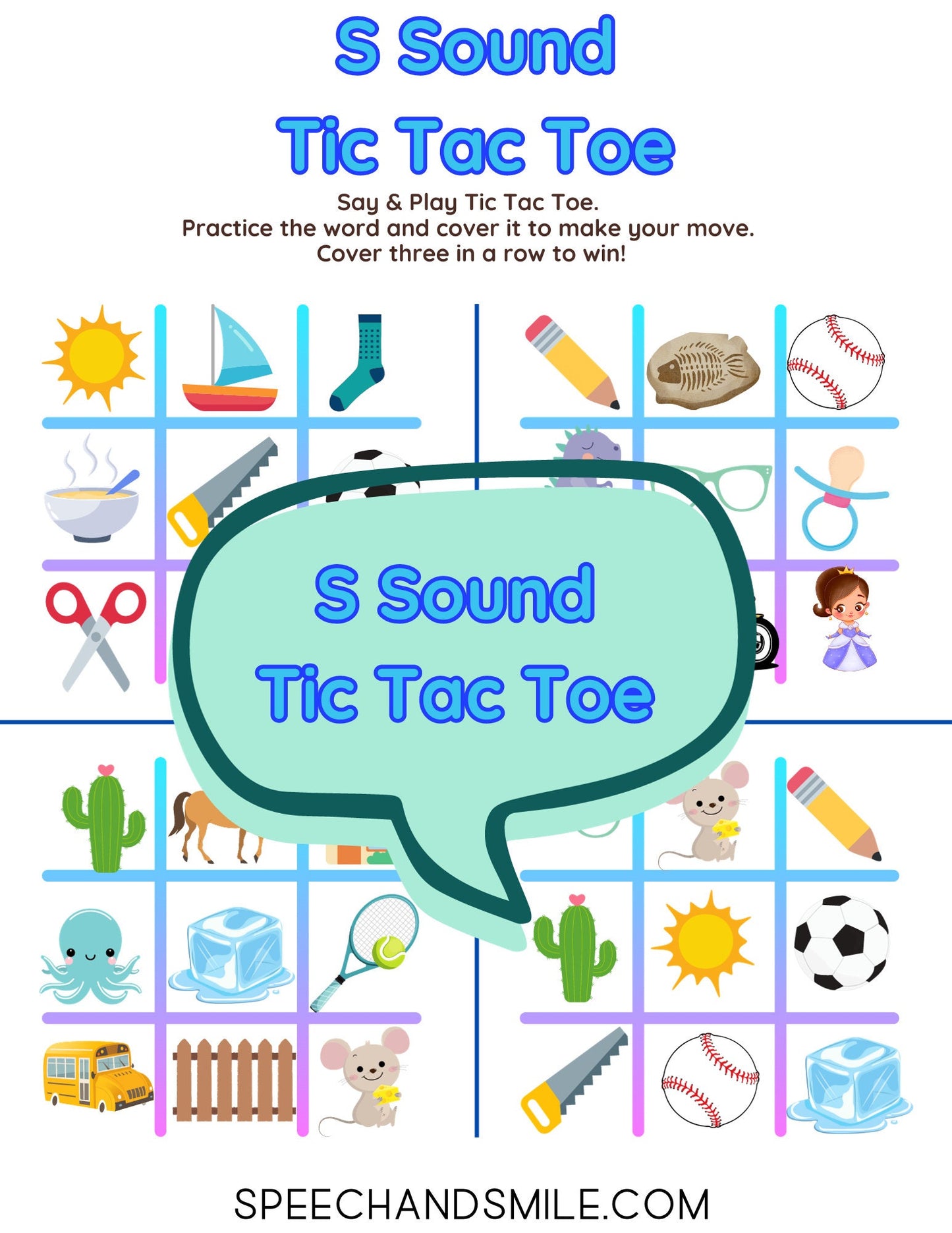 S Sonido Tic-Tac-Toe IMPRIMIBLE Sonidos del habla Tic-Tac-Toe Imprime y juega con miniobjetos de logopedia