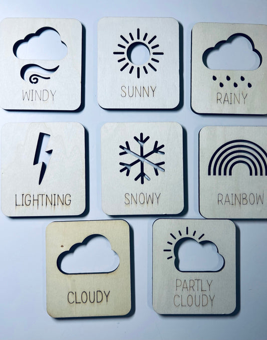 Wooden Weather Stencil Cards-Montessori Wooden Weather Cards Set of 8-Montessori Wood Cards-Handcrafted Weather Cards