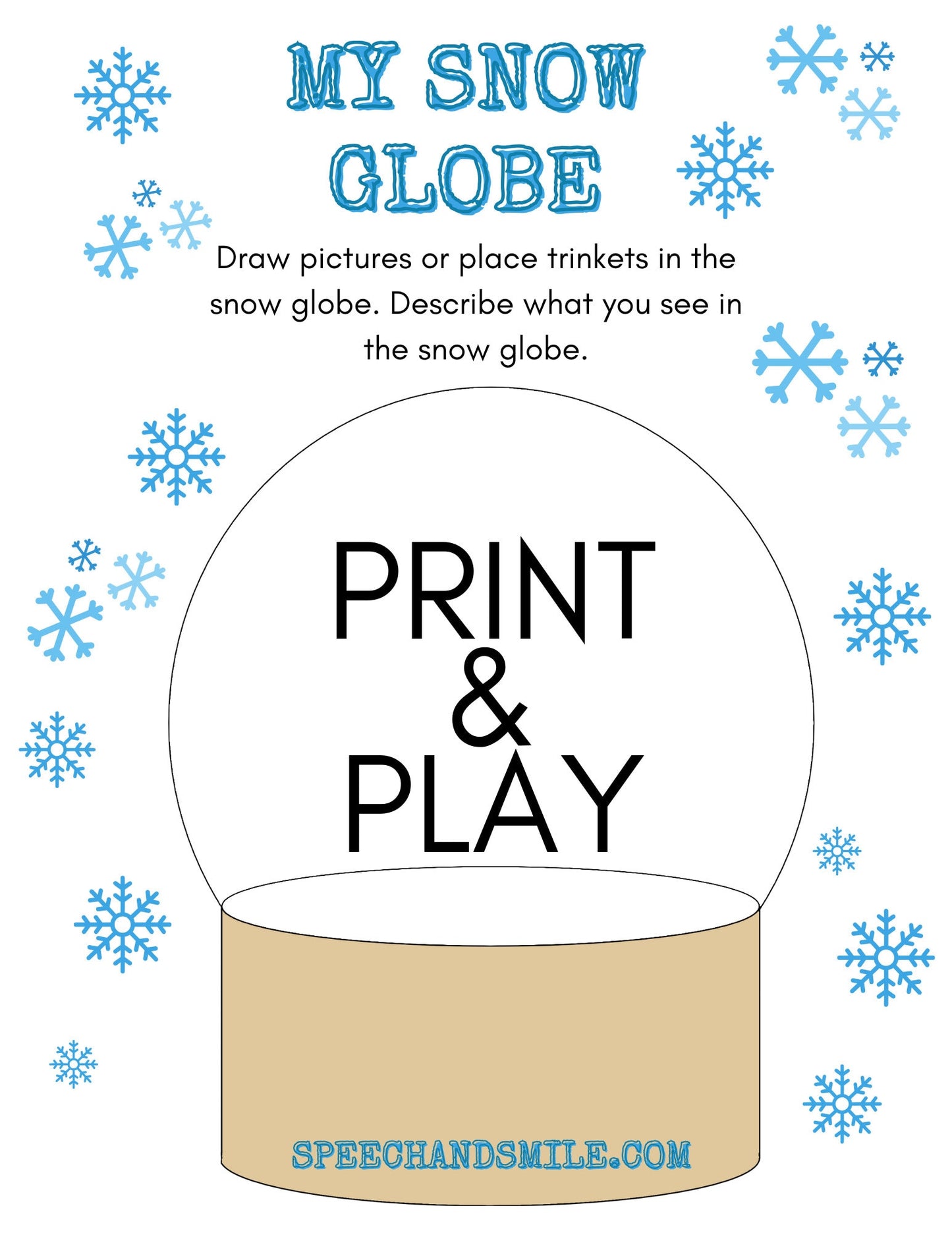 Actividad de globo de nieve-Imprimir y jugar-Colocar baratijas en un globo de nieve y describir-Imprimibles de logopedia-Hoja de trabajo preescolar