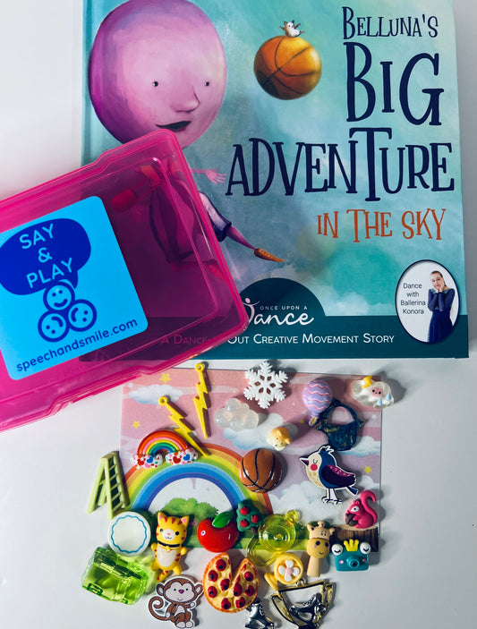 Story Kit and Book for Speech Therapy-Bellunas Big Adventure-Story Objects-Movement Book-Speech Therapy Mini Objects-Trinkets-Doodads