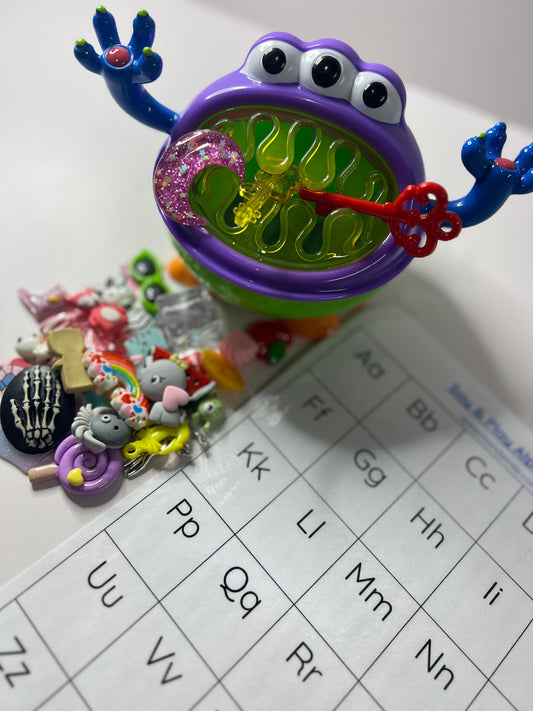 Alphabet Trinkets Feed the Monster  Kit Alphabet Sound Objects Speech Therapy Mini Objects-Beginning Sound Objects